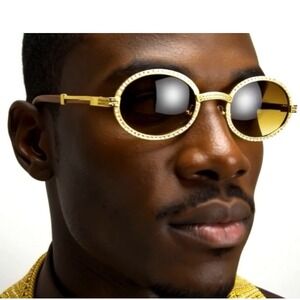 Sunglasses Round Frame Wood Arm Gold Metal Fashion Shades Sophisticated Classic